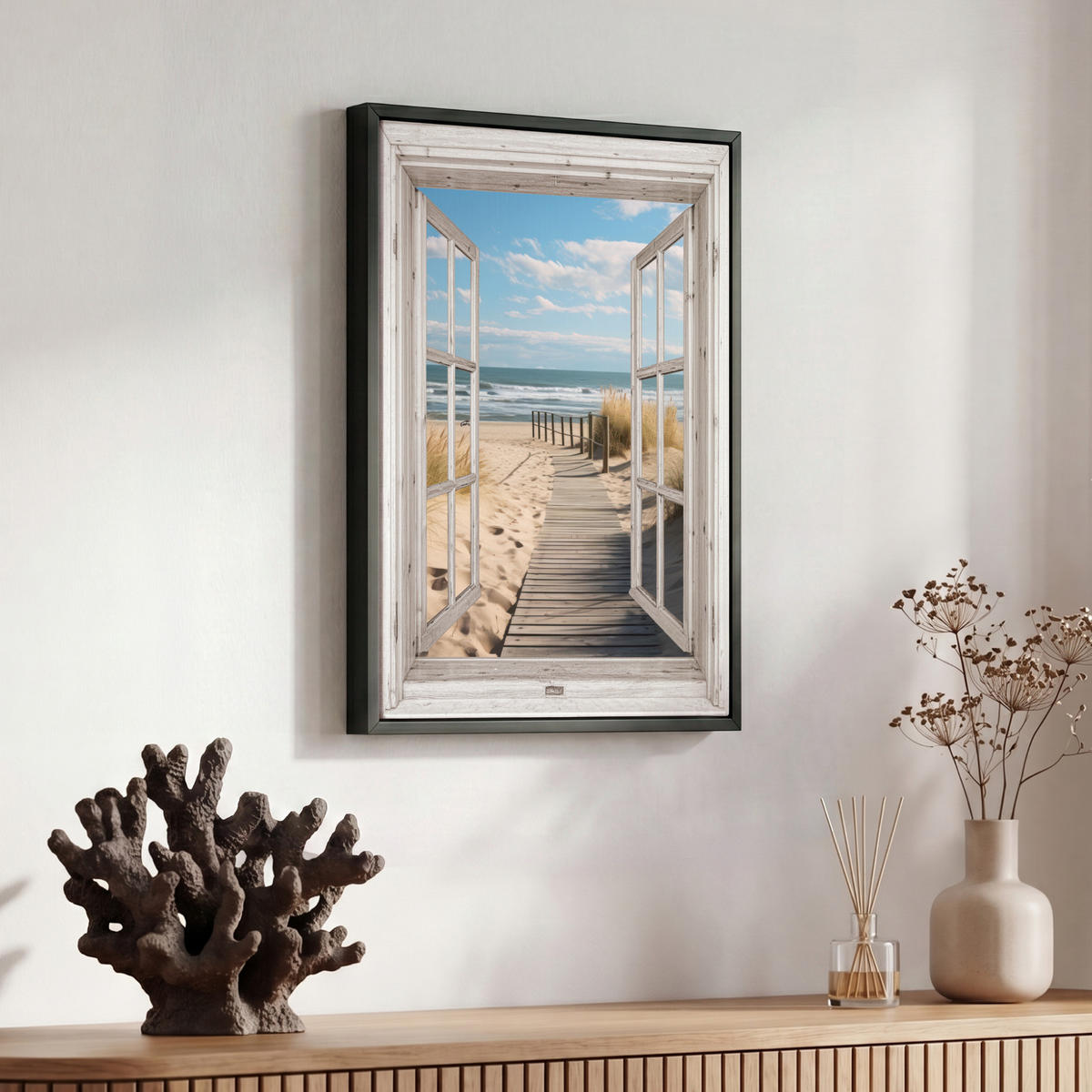 LEINWAND Bilder mit Rahmen - Fenster - Meer - Küste - Natur - Ausblick - Strand - Wattenmeer - 30x40 - Beige, Textil (30/40cm) - MuchoWow