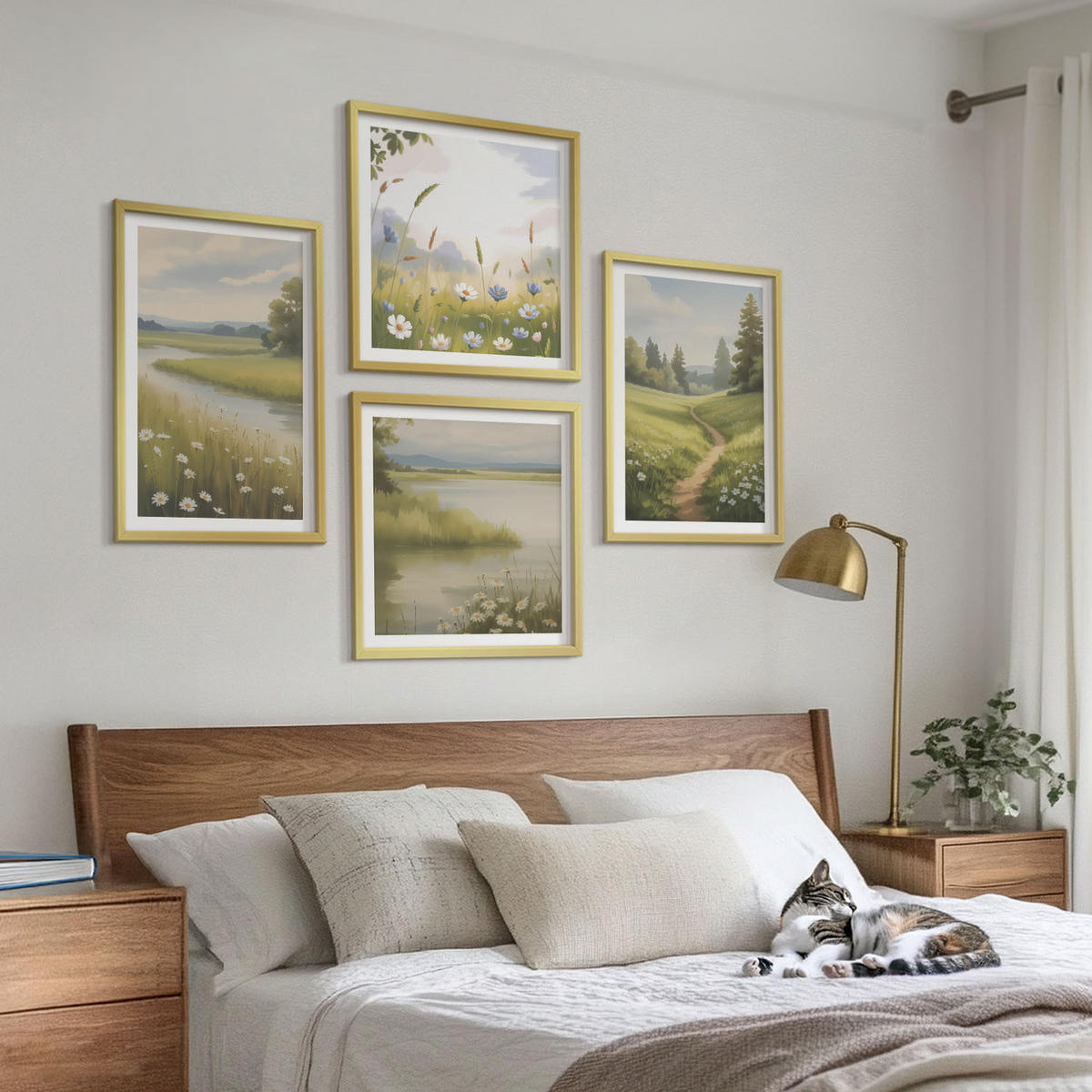 BILDER SET 4er Set - 50x50 cm & 40x60 cm Goldrahmen - Frühlingslandschaft Flusswiese - Goldfarben, Kunststoff (50/50cm) - TULUP