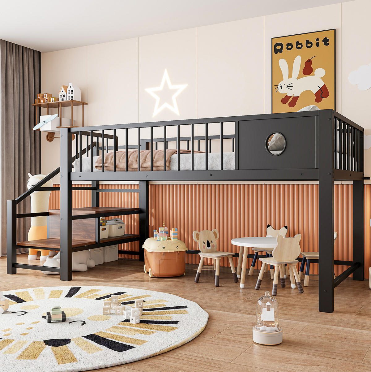 KINDERHOCHBETT 90/200 cm Schwarz aus Metall mit Stauraumleiter ohne Matratze - Schwarz, Metall (90/200cm) - MIVRAY