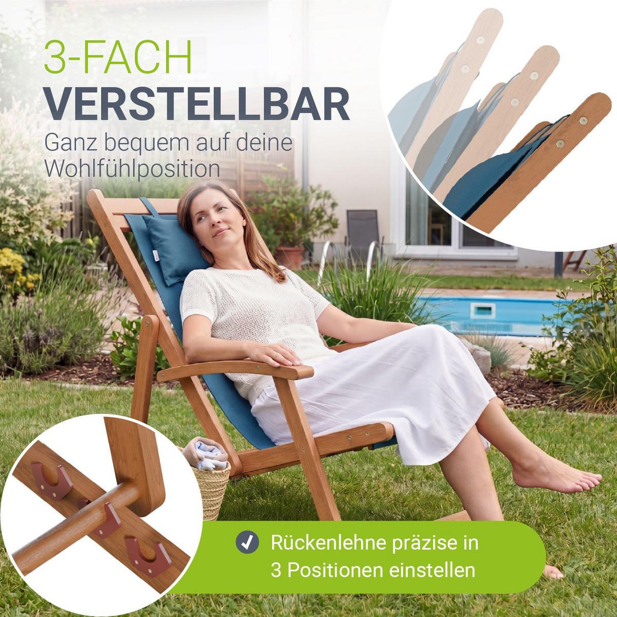 SONNENLIEGE Tavira Akazie petrol klappbar 2er-Set - Petrol, Holz (60/110/110cm) - Juskys