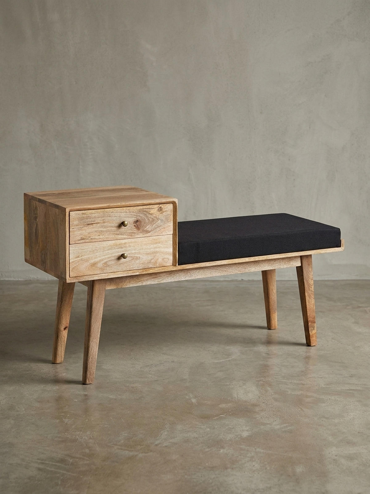 SITZBANK – Mango Holz, Schwarz, Schubladen, Retro-Stil - Schwarz/Braun, Holz/Textil (120/65/40cm) - KADIMA DESIGN