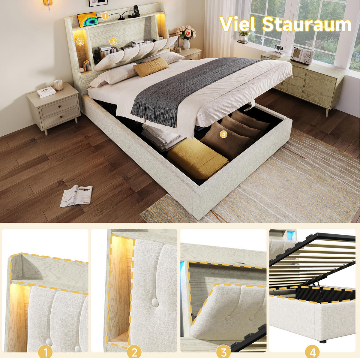 ČALÚNENÁ posteľ z MDF a ľanu 90x200 cm béžová s USB-C, LED osvetlením a úložným priestorom - béžová, textil (90/200cm) - Modfu