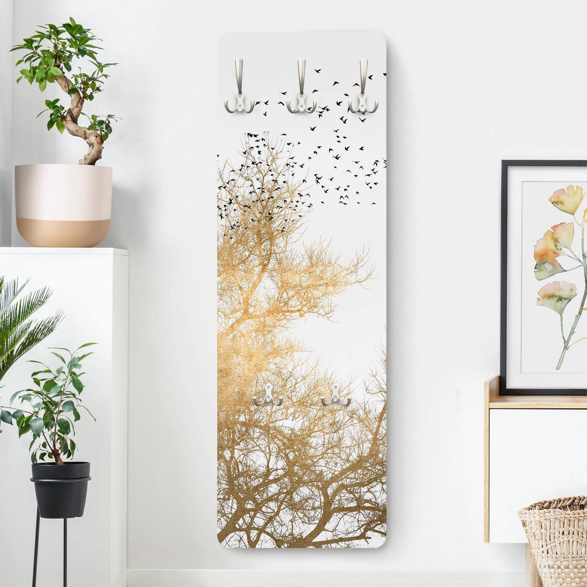 WANDGARDEROBE - Vogelschwarm vor goldenem Baum 34/105 cm - Goldfarben, Holzwerkstoff (34/105/1.6cm) - Bilderwelten