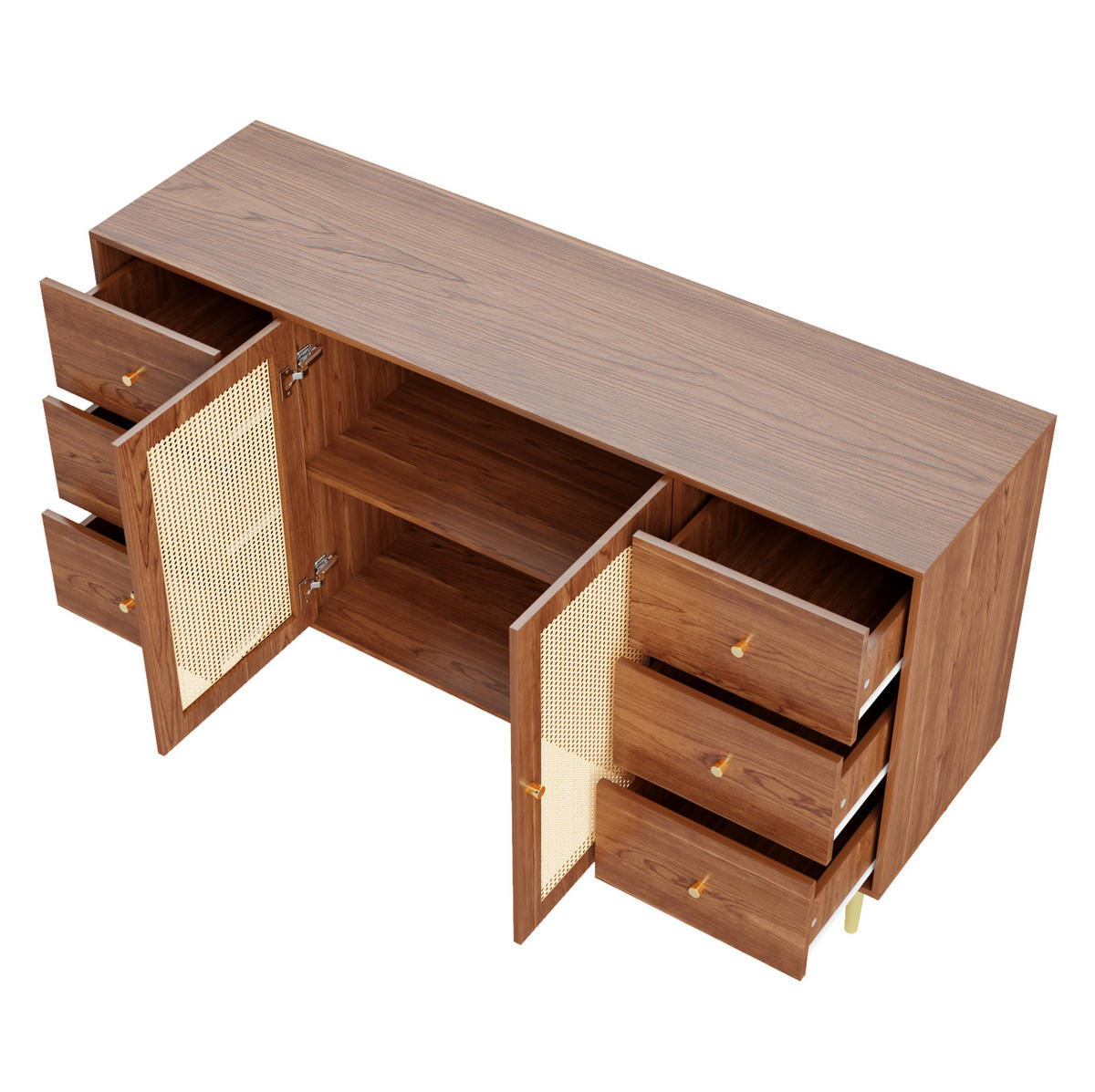 SIDEBOARD 160/40/90 cm, 6 Schubladen und Rattantüren, MDF in Wood-Optik, Naturfarben - Naturfarben, Holzwerkstoff (160/90/40cm) - Redom
