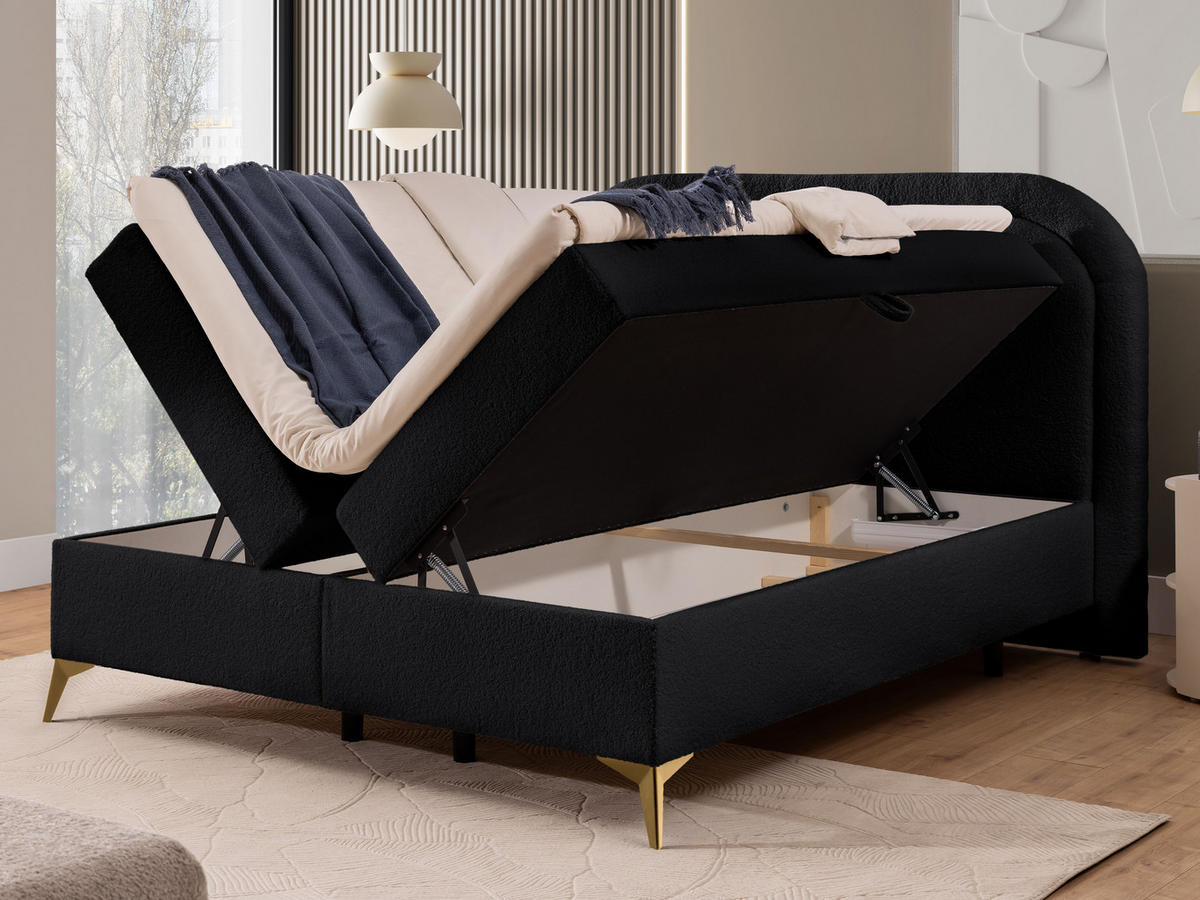 BOXBETT Sonna 140/200 cm Schwarz Bouclé-Stoff mit abgerundetem Kopfteil und mit goldenen Metallfüßen - Goldfarben/Schwarz, Holz/Textil (140/200cm) - S-Style Möbel