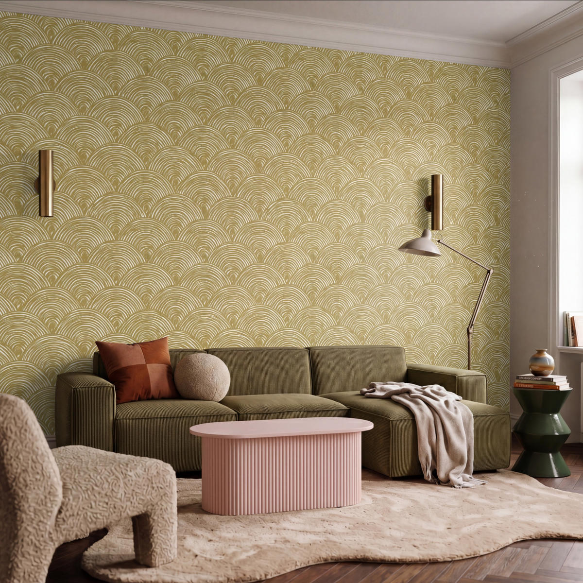 TAPETE - Fächer - Geometrisch - Grün - 400x300 cm - Goldfarben, Papier (400/300cm) - OnlyWow