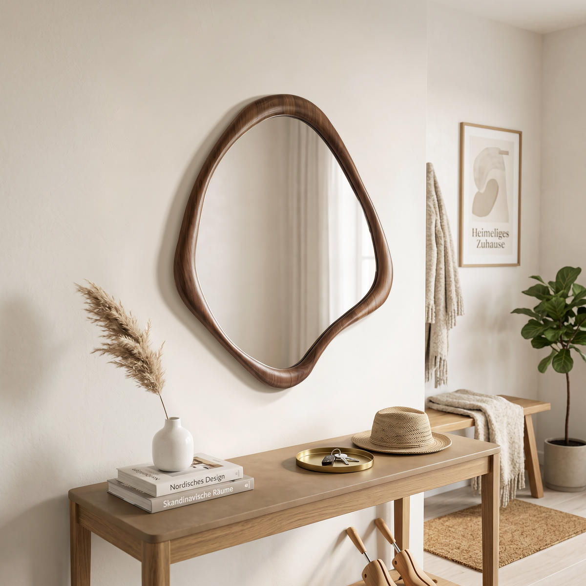 SPIEGEL braun, asymmetrisch, 75 × 60 cm, mit Holzrahmen - Braun, Glas/Holz (59/2.5/75cm) - Hometopia