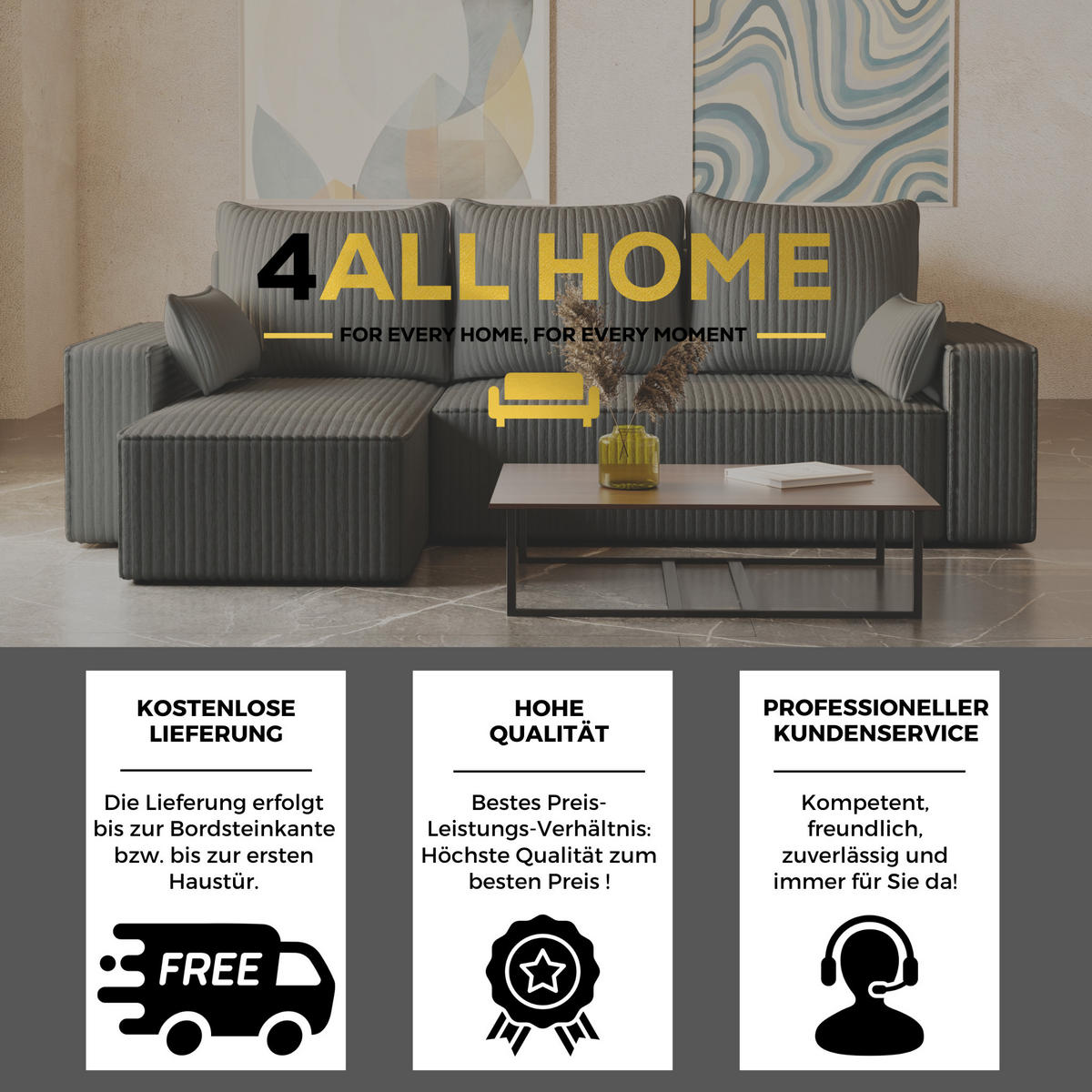 ECKSOFA Tobi mit Bettkasten und Schlaffunktion, L-Form/XL-Form, Cordstoff, Universal - Grau, Holzwerkstoff (246/145cm) - 4ALL HOME