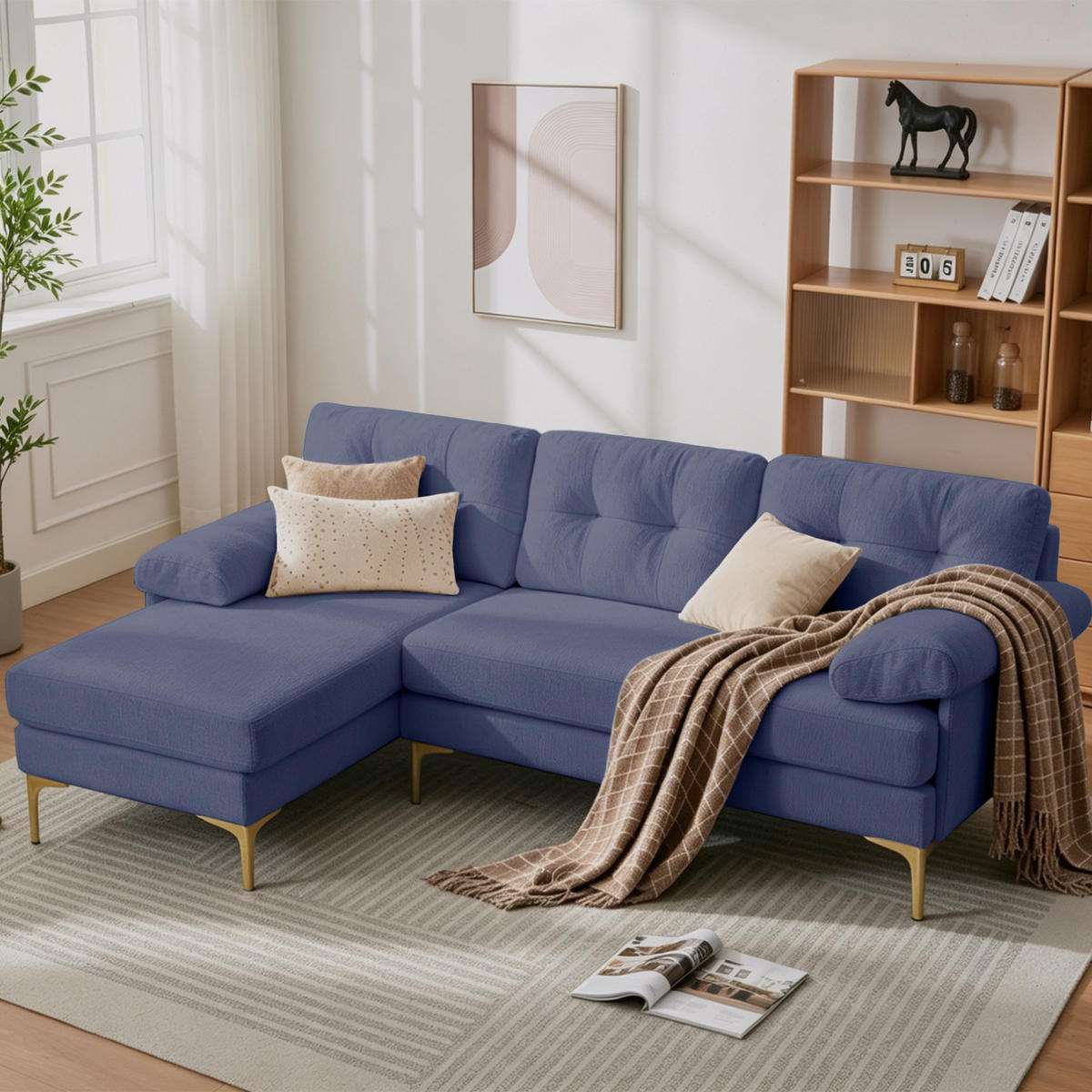L-FÖRMIGES ECKSOFA Blau 187,5/130/79 cm 3-Sitzer Chenillebezug - Blau, Holz (187.5/130cm) - PANGIVO