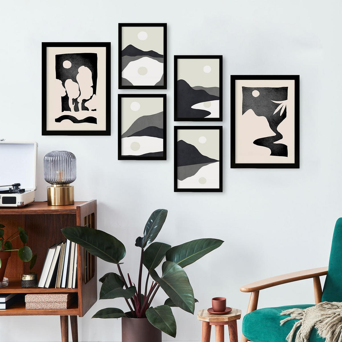 POSTER Set Mit 6 Mitternachtsmond In Kulissen Abstracts Ästhetische Dekorative Gemälde Für Ihr Wohnzimmer Zuhause A3 & A4 Schwarzer Rahmen - Schwarz, Papier (29/3cm) - Nacnic