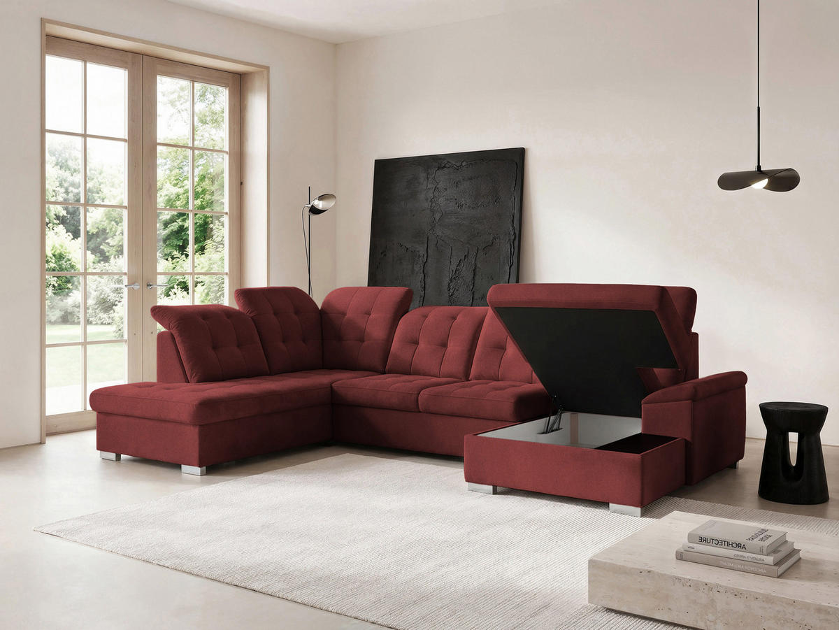 WOHNLANDSCHAFT ANON Ottomane Links, mit Schlaffunktion und Bettkasten, Bordeaux - Rot, Kunststoff/Textil (322/87/220cm) - Idohome