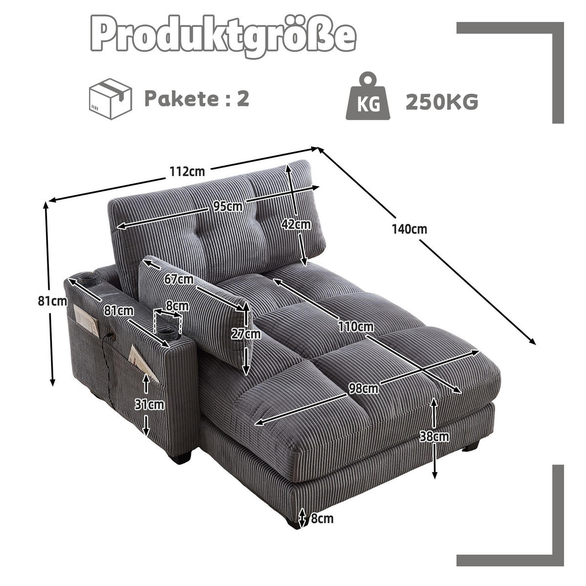CHAISELONGUE Polsterliege,Ottomane,Sofa,Cordstoff,Grau - Grau, Textil (112/81/140cm) - LVHOM
