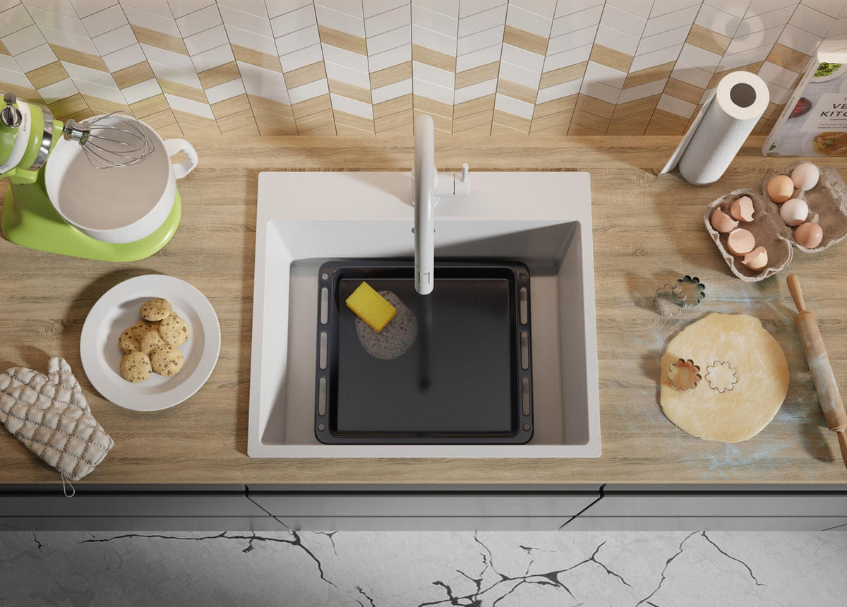 SPÜLBECKEN Riga, 2-er set Weiß 58/50 cm 1 Becken + Ablauf-Set ab 60er Unterschrank - Chromfarben/Weiß, Kunststoff (58/20/50cm) - Primagran