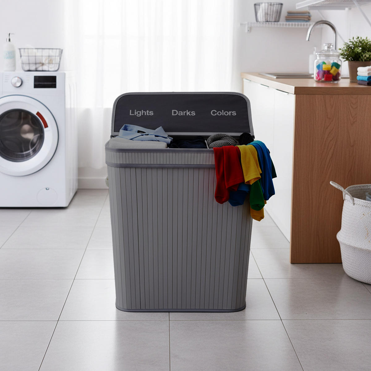 WÄSCHEKORB - Grau, Holz/Textil (52/63/32cm) - Relaxdays