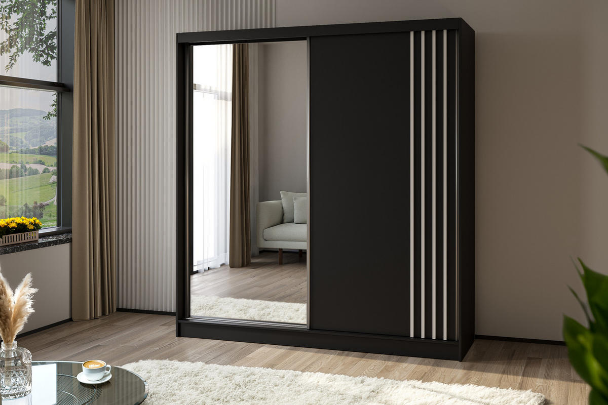 SCHWEBETÜRENSCHRANK Neli 200 cm mit Lamellen und Spiegel 2-türig, schwarz, schwarz, Lamelle weiß - Schwarz/Weiß, Kunststoff (200/216/61cm) - Margaret Hadas24