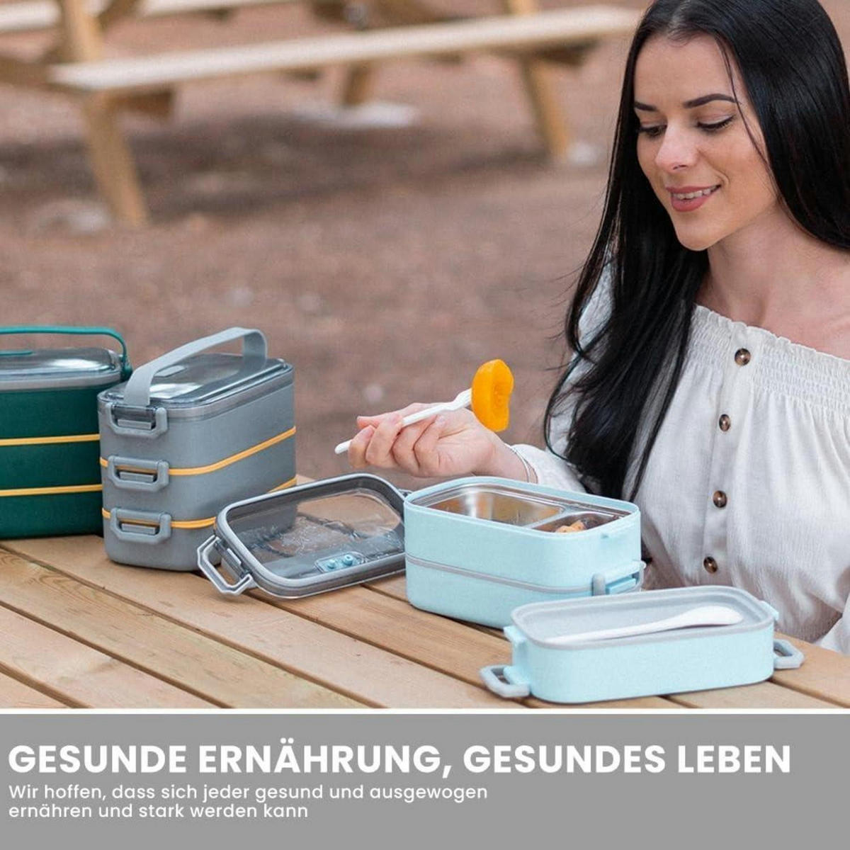 BENTO Box 2400 ml Grau Auslaufsicher mit Besteck - Grau, Kunststoff (19.5/16/19.5cm)