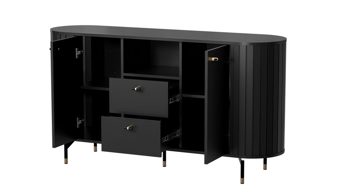 KOMMODE THIRA 150,1/81/40cm mit 2 Schubladen 2 Türen Schwarz - Schwarz, Holzwerkstoff (150.1/81/40cm) - MASSENO