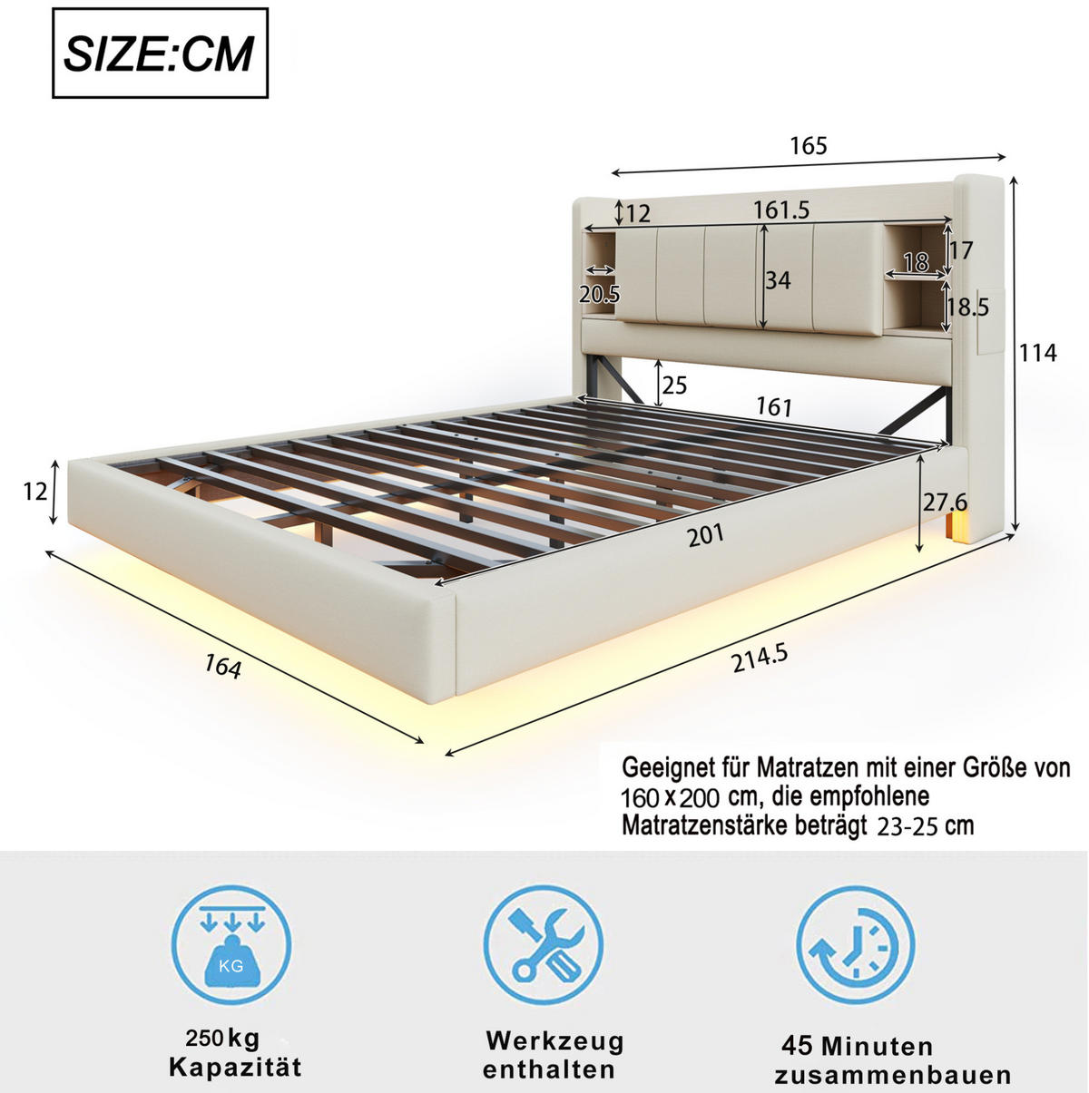 ČALÚNENÁ posteľ z preglejky, MDF a ľanovej tkaniny 160x200 cm béžová s LED osvetlením, USB a úložným čelom - béžová, textil (160/200cm) - Modfu
