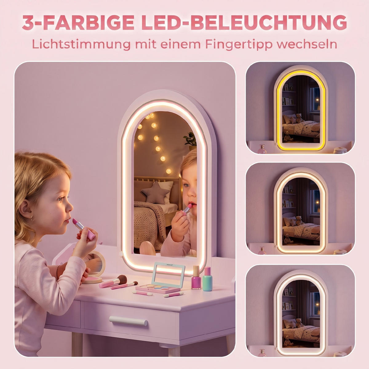 KINDER-SCHMINKTISCH-SET MDF Kiefernholz 2er Set Rosa - Weiß/Rosa, Holz/Holzwerkstoff (36/100/60cm) - AIYAPLAY