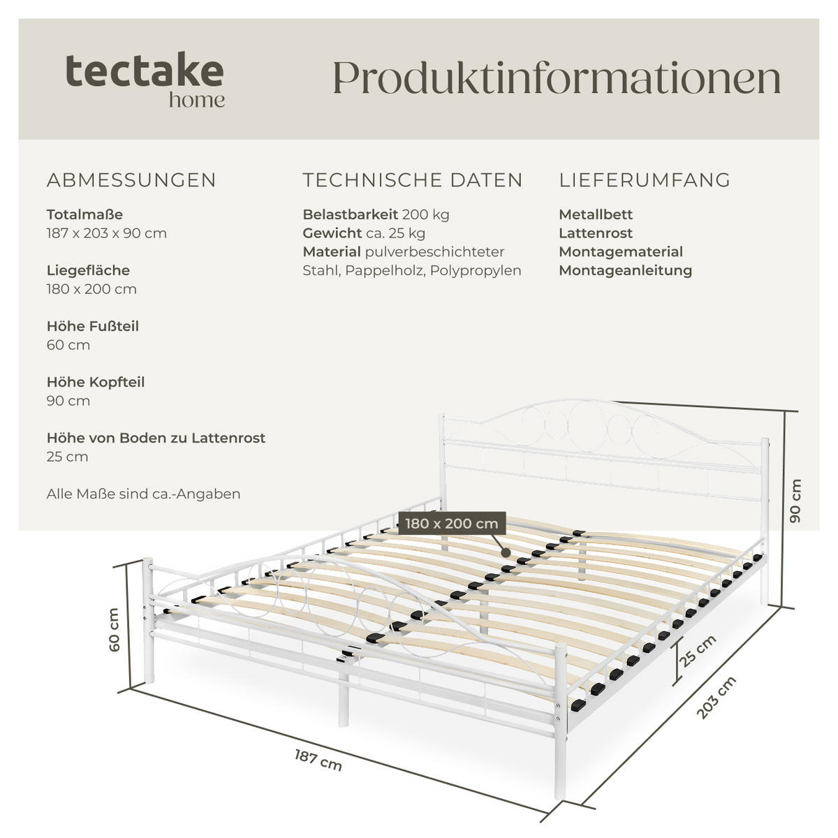 METALLBETT Sonno,180 x 200 cm,weiß/weiß - Weiß, Metall - tectake