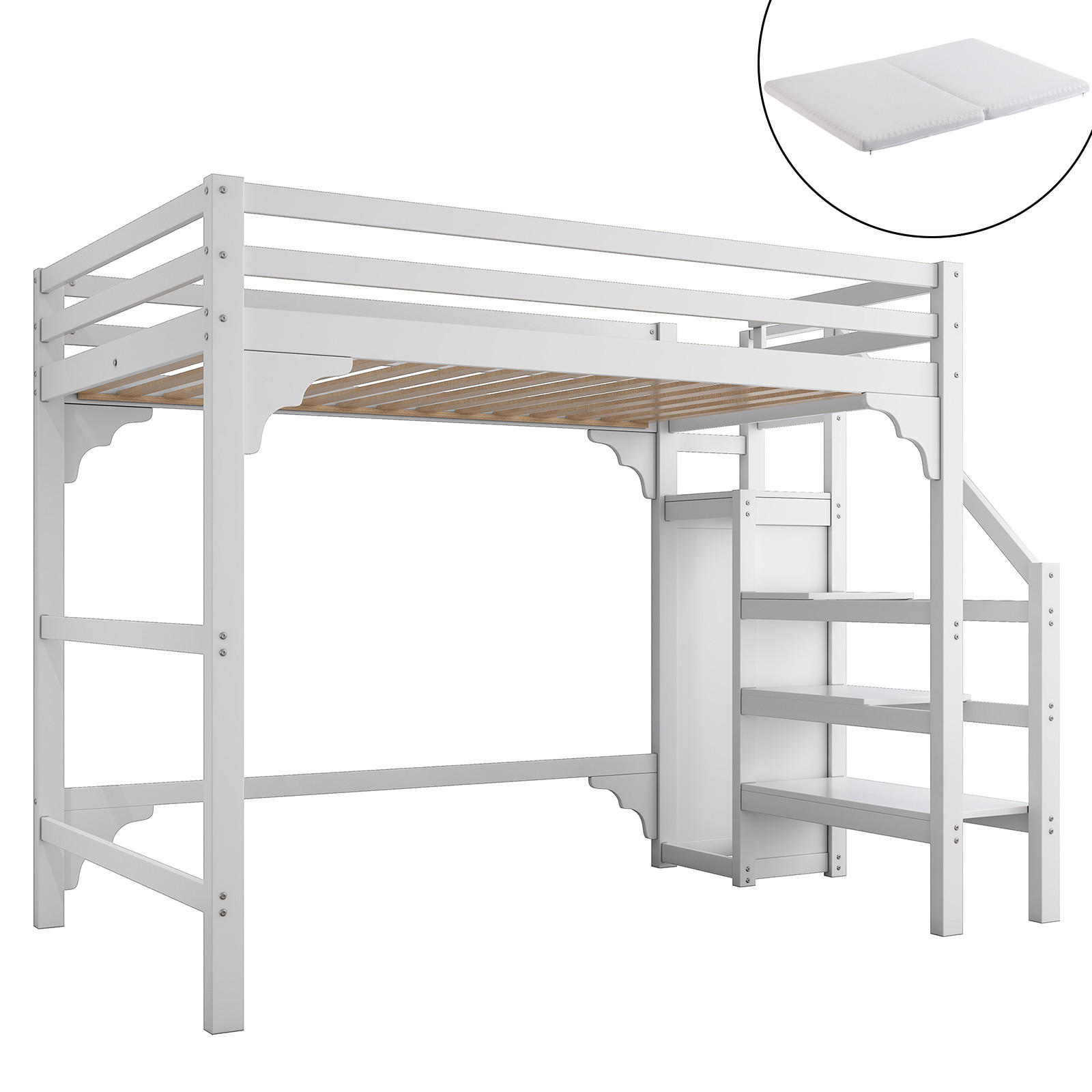 HOCHBETT 140/200 cm Weiß mit Kleiderschrank und Stufentreppe mit Matratze - Weiß, Holzwerkstoff (140/200cm) - OKWISH