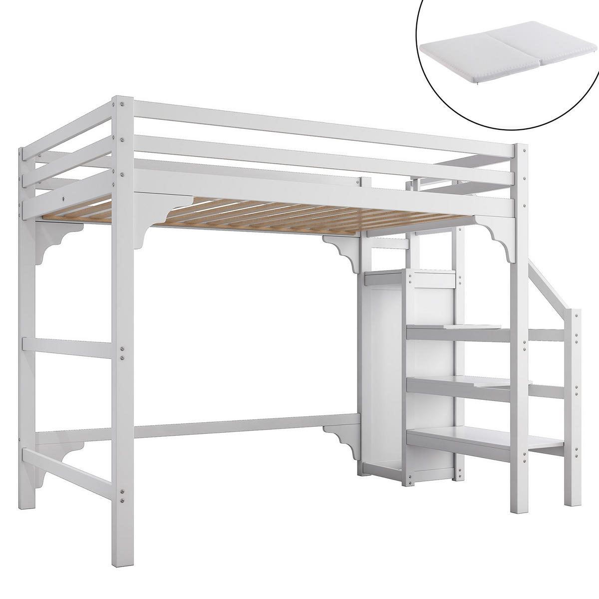 HOCHBETT 140/200 cm Weiß mit Kleiderschrank und Stufentreppe mit Matratze - Weiß, Holzwerkstoff (140/200cm) - OKWISH