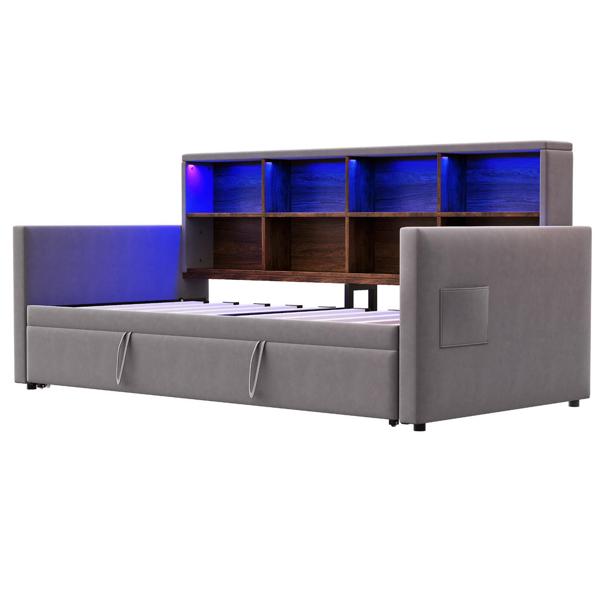 POLSTERBETT 90/190 cm aus Samt mit Ausziehbett, LED-Kopfteil und Steckdosen Dunkelgrau - Dunkelgrau, Textil (90/190cm) - Modenvie