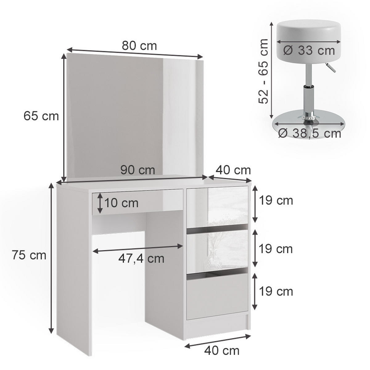 SCHMINKTISCH-SET Sherry Weiß 90 cm mit Hocker - Weiß, Holzwerkstoff (90/75/40cm) - Vicco