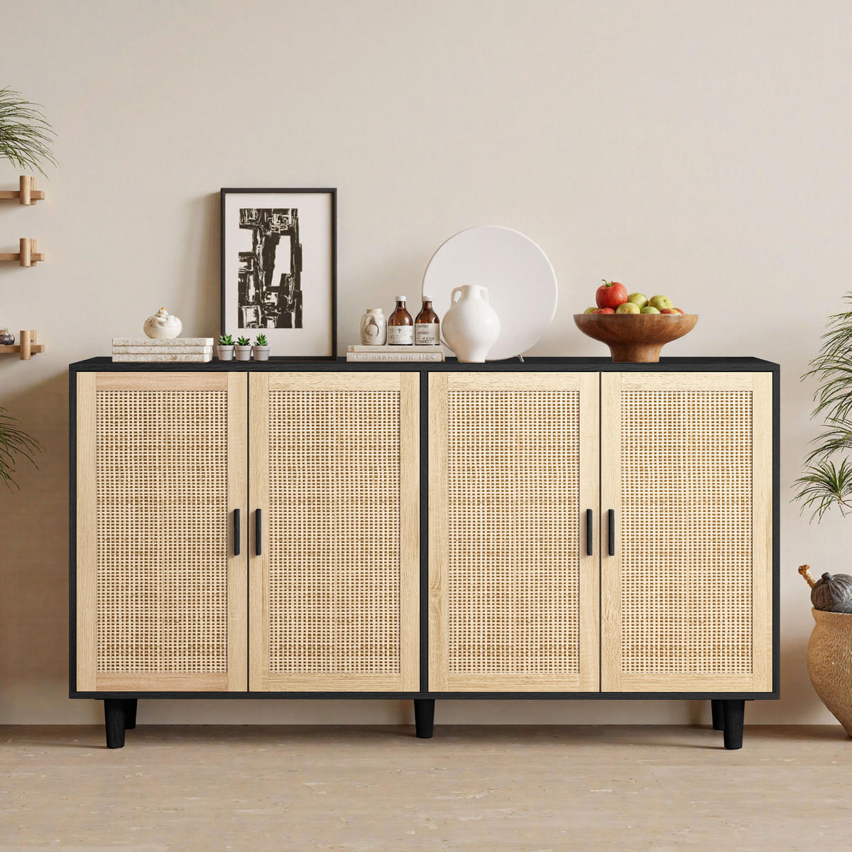 SIDEBOARD 158/40/88 cm schwarz aus Spanplatte mit Rattantüren - Schwarz, Holzwerkstoff (158/88/40cm) - OKWISH