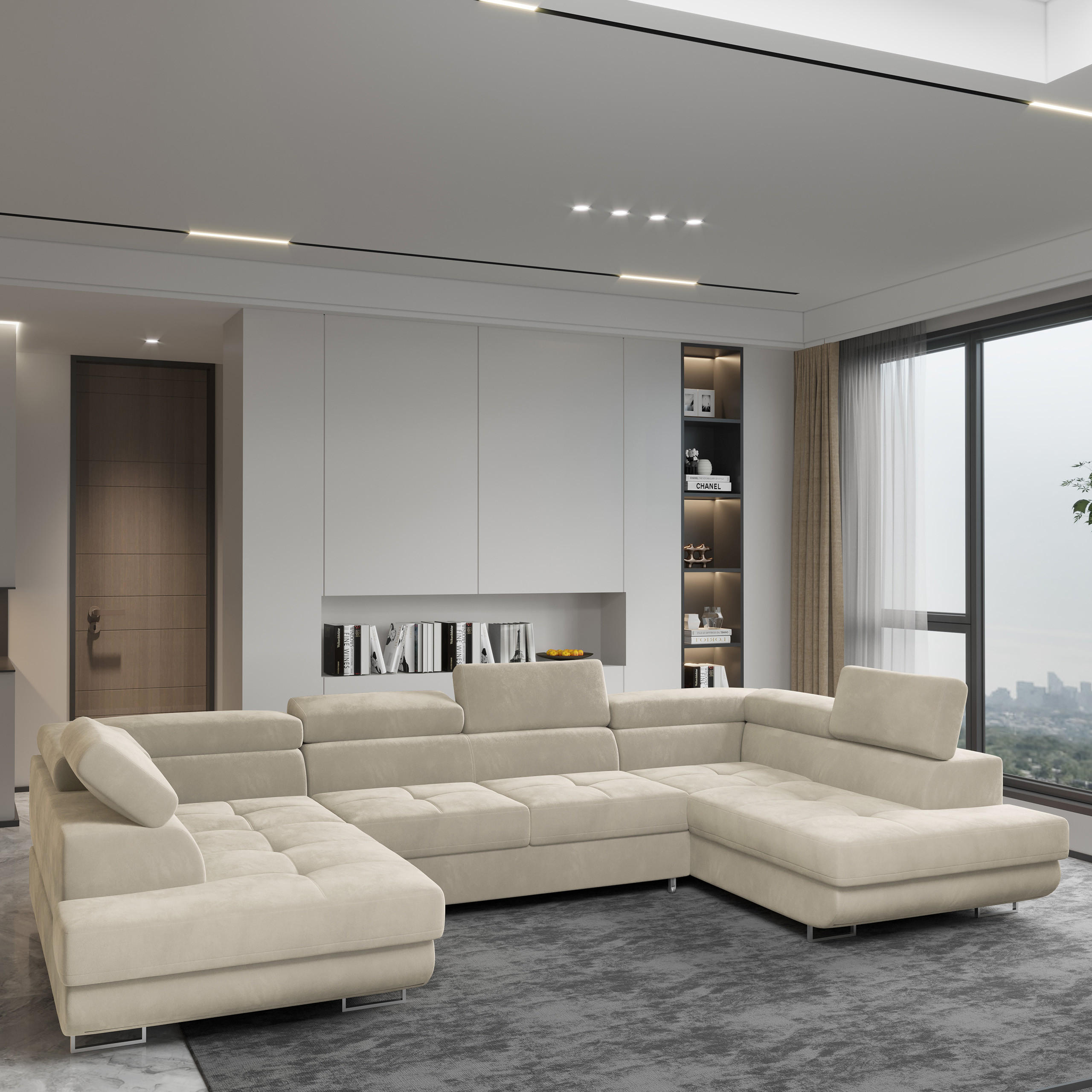 WOHNLANDSCHAFT RAGGIO Creme Velours-Stoff mit Schlaffunktion - Creme, Holz (336/90/202cm) - MASSENO