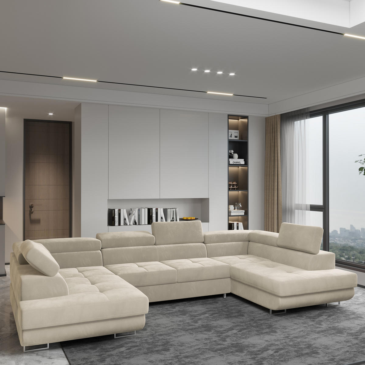 WOHNLANDSCHAFT RAGGIO Creme Velours-Stoff mit Schlaffunktion - Creme, Holz (336/90/202cm) - MASSENO