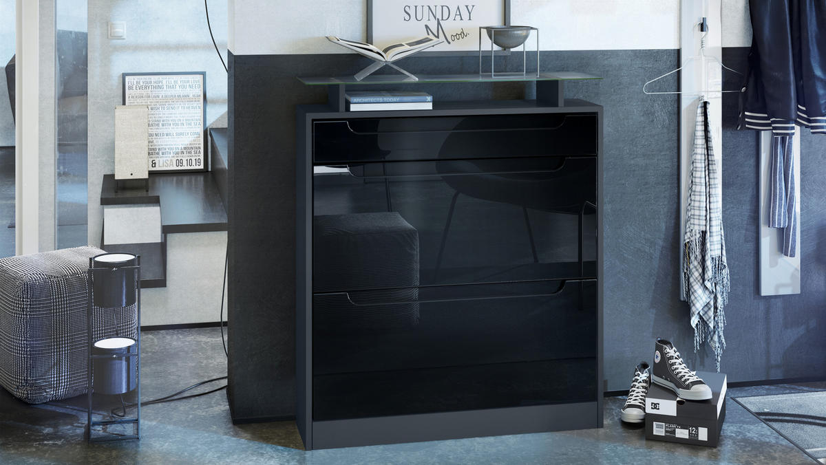 SCHUHSCHRANK Fiesta Fronten in Schwarz Hochglanz, Griffmulden in Schwarz Hochglanz - Schwarz Hochglanz, Holzwerkstoff (89/104/23cm) - Vladon