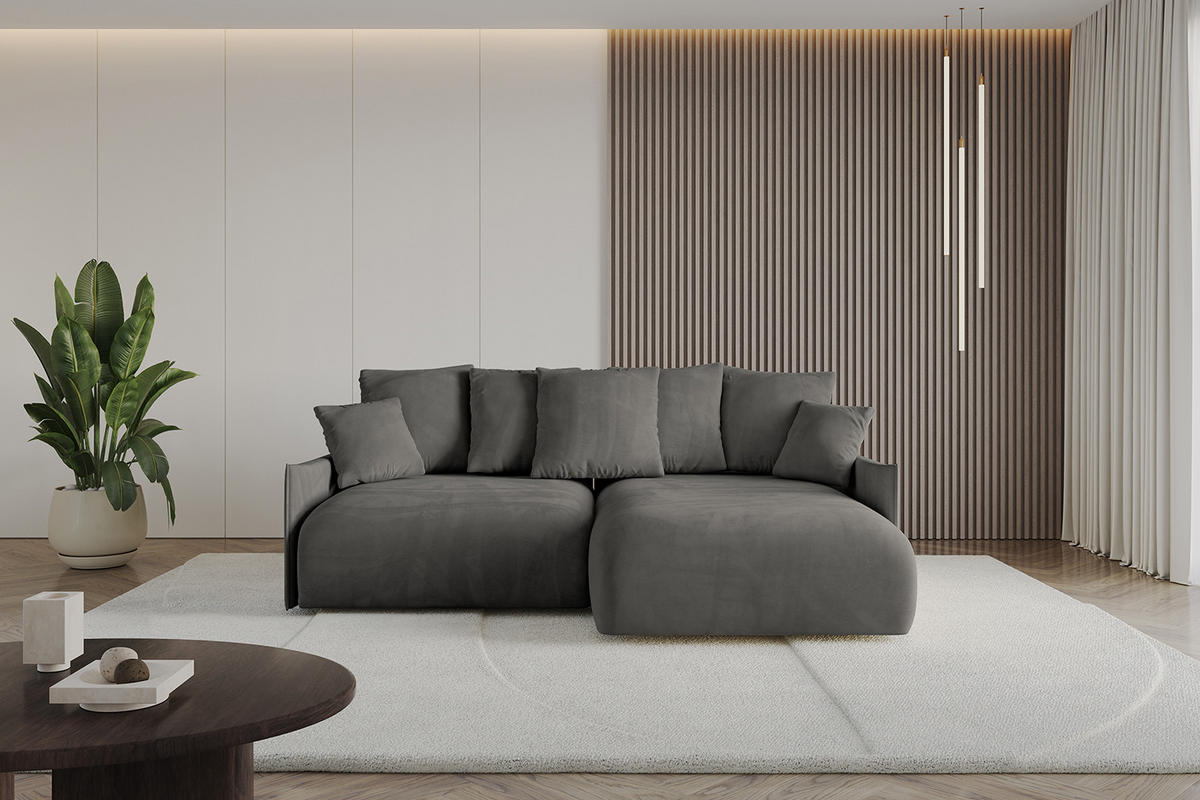 ECKSOFA Ottomane rechts ONESK-L -v1 216x177x72 Dunkelgrau Velours - Anthrazit, Holzwerkstoff/Kunststoff (177/216cm) - ALTDECOR