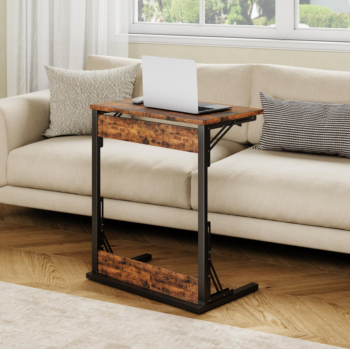 BEISTELLTISCH aus Metall und Holzwerkstoff 37x60x71 cm Rustikales Braun, klappbar mit verstellbaren Füßen - Braun, Holzwerkstoff (60/37/71cm) - Modfu