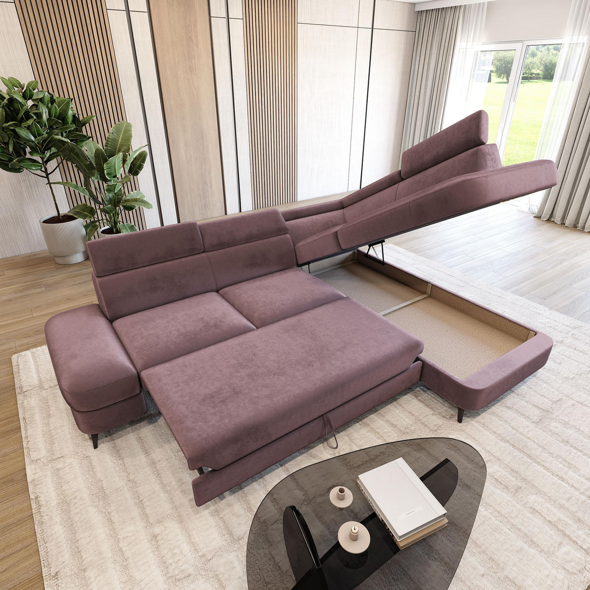 ECKSOFA AVISE M R-S Lila Velours-Stoff mit Schlaffunktion - Lila, Holzwerkstoff/Textil (268/195cm) - MASSENO