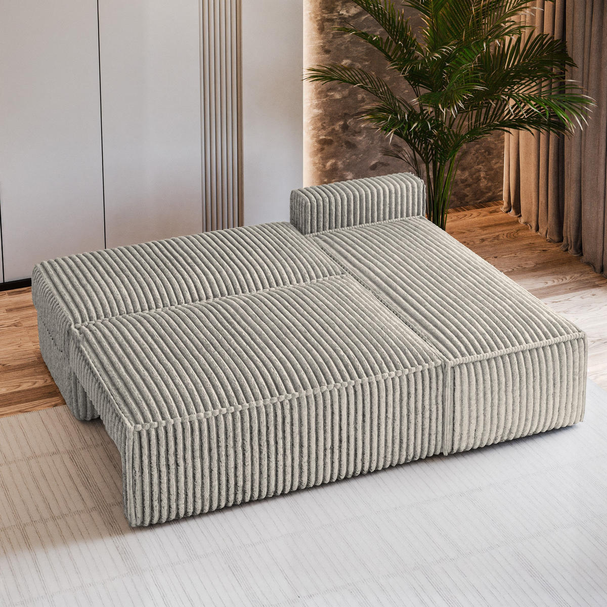 ECKSOFA BRISO T Hellgrau Kordstoff mit Schlaffunktion - Hellgrau, Holz (200/140cm) - MASSENO