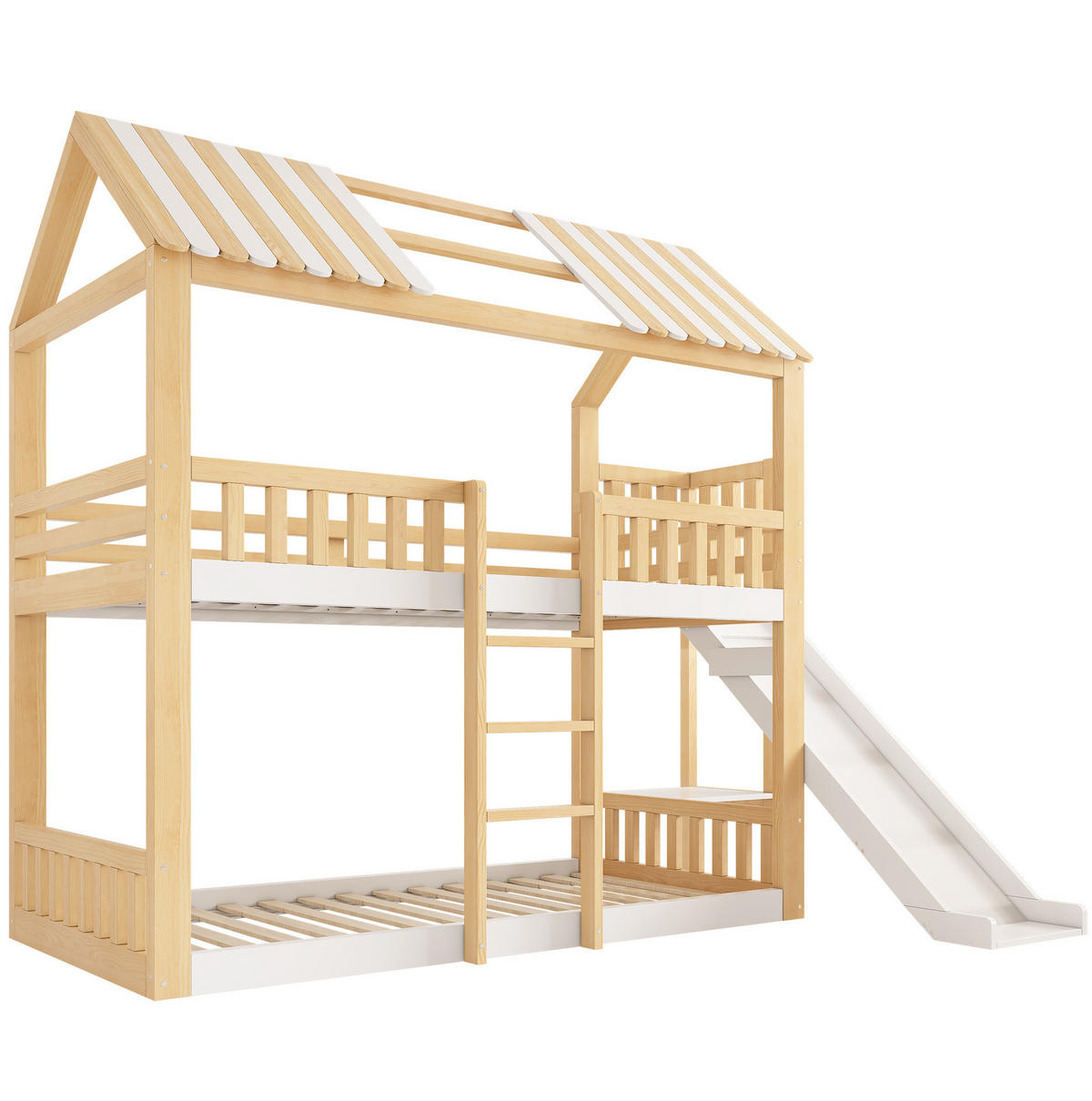 ETAGENBETT mit Giebeldach 90/200 cm Weiß Natur mit Regal, ohne Matratze - Weiß, Holz (90/200cm) - MIVRAY