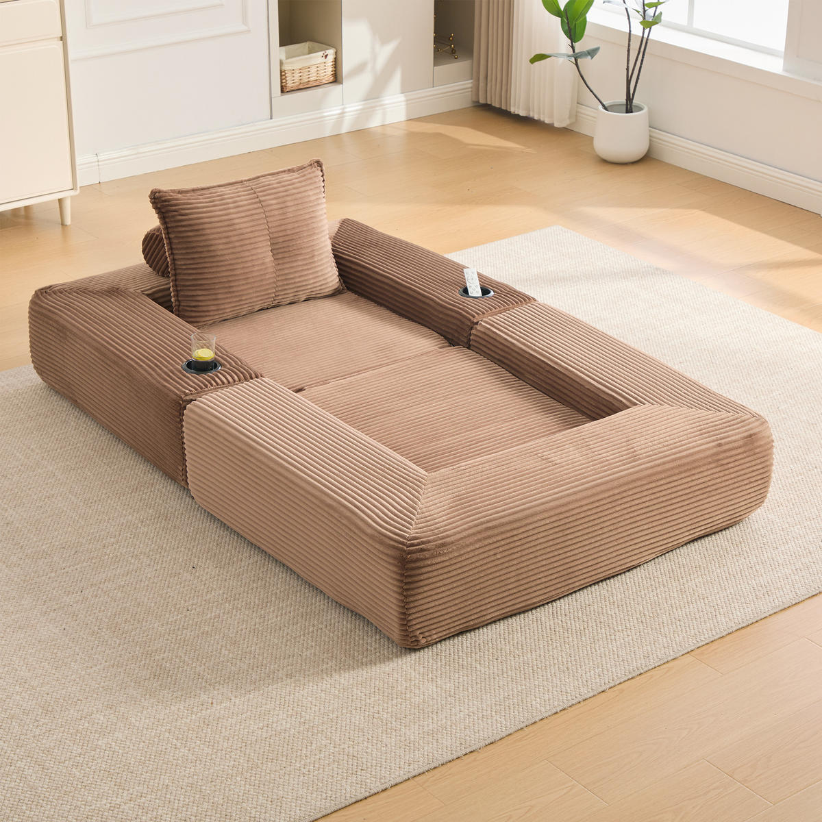 SCHLAFSOFA mit Klappfunktion, Getränkehalter und Seitentasche aus Cord - Braun, Textil (122/80/98cm) - EVRYAE