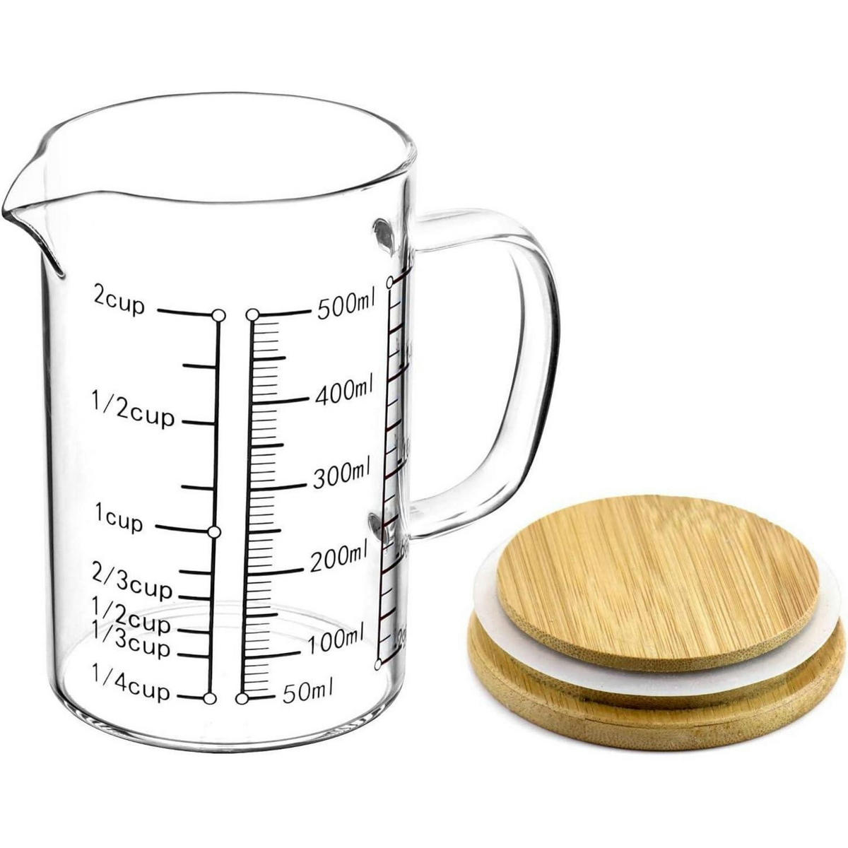 MESSBECHER 500ml Borosilikatglas mit Bambusdeckel - Transparent, Glas (0.5L)