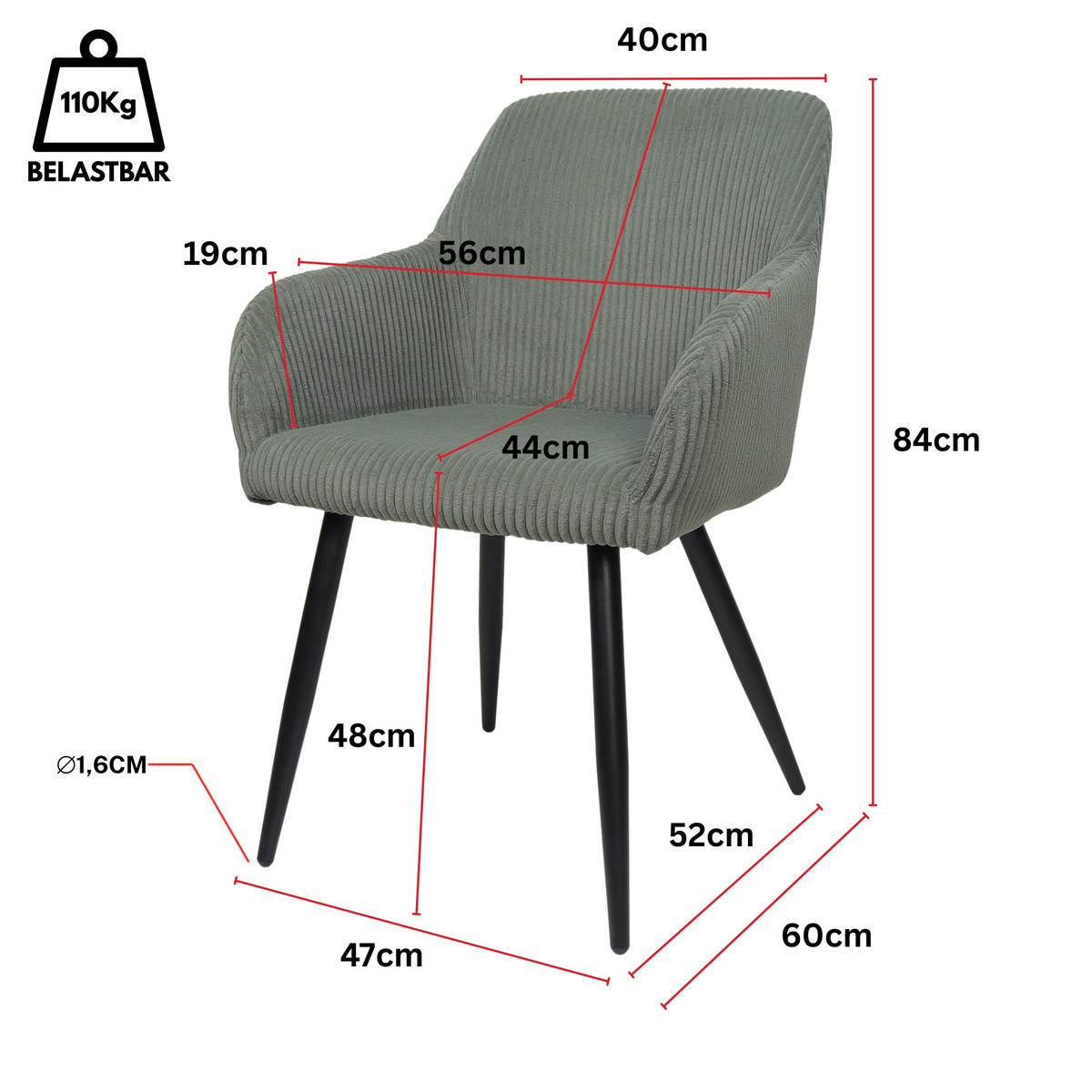 ESSZIMMERSTUHL SILA Grün 2er-Set, Cord Bezug - Grün, Textil (56/84/60cm)