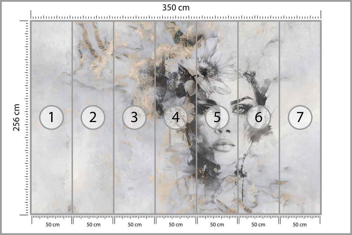 FOTOTAPETE für Wohnzimmer Frau Porträt Beton Blumen Modern 350x256 - Beige/Schwarz, Papier (350/256cm) - Muralo