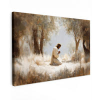 LEINWANDBILD Jesus - Kniend - Waldlandschaft - Betend Wohnzimmer Groß 120x80 cm - Beige/Hellblau, Textil (120/80cm) - MuchoWow