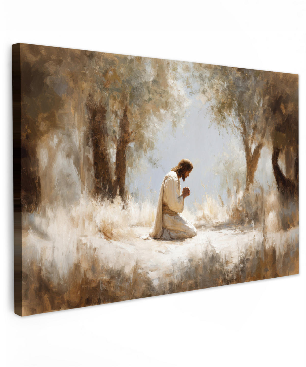 LEINWANDBILD Jesus - Kniend - Waldlandschaft - Betend Wohnzimmer Groß 120x80 cm - Beige/Hellblau, Textil (120/80cm) - MuchoWow