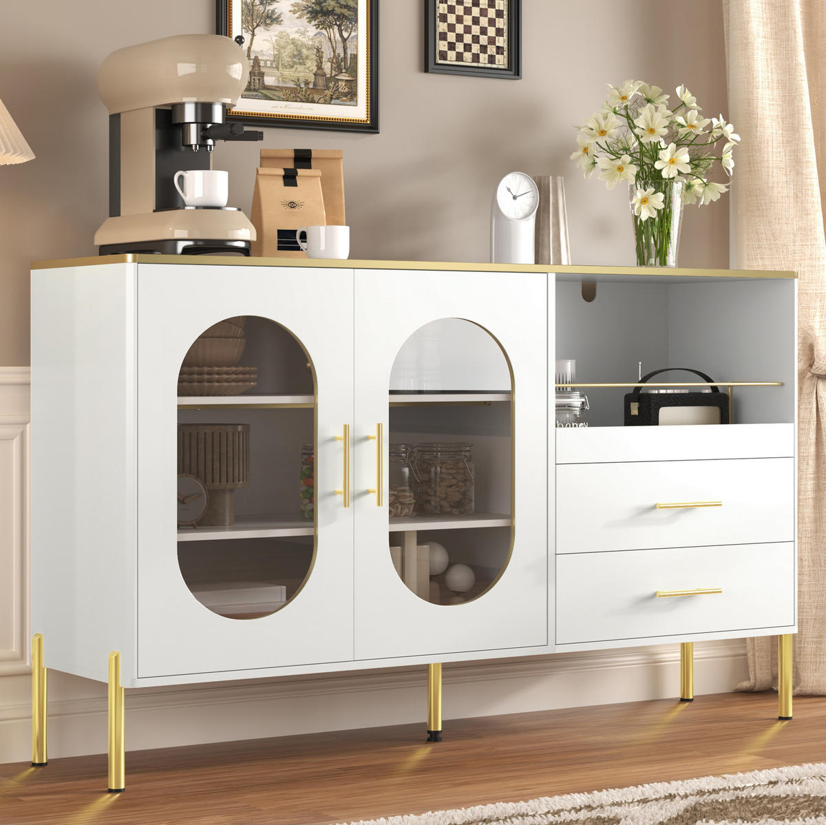 SIDEBOARD 140/38/90 cm aus MDF mit 2 Schubladen und Glastüren Weiß - Weiß, Holzwerkstoff (140/90/38cm) - Modenvie