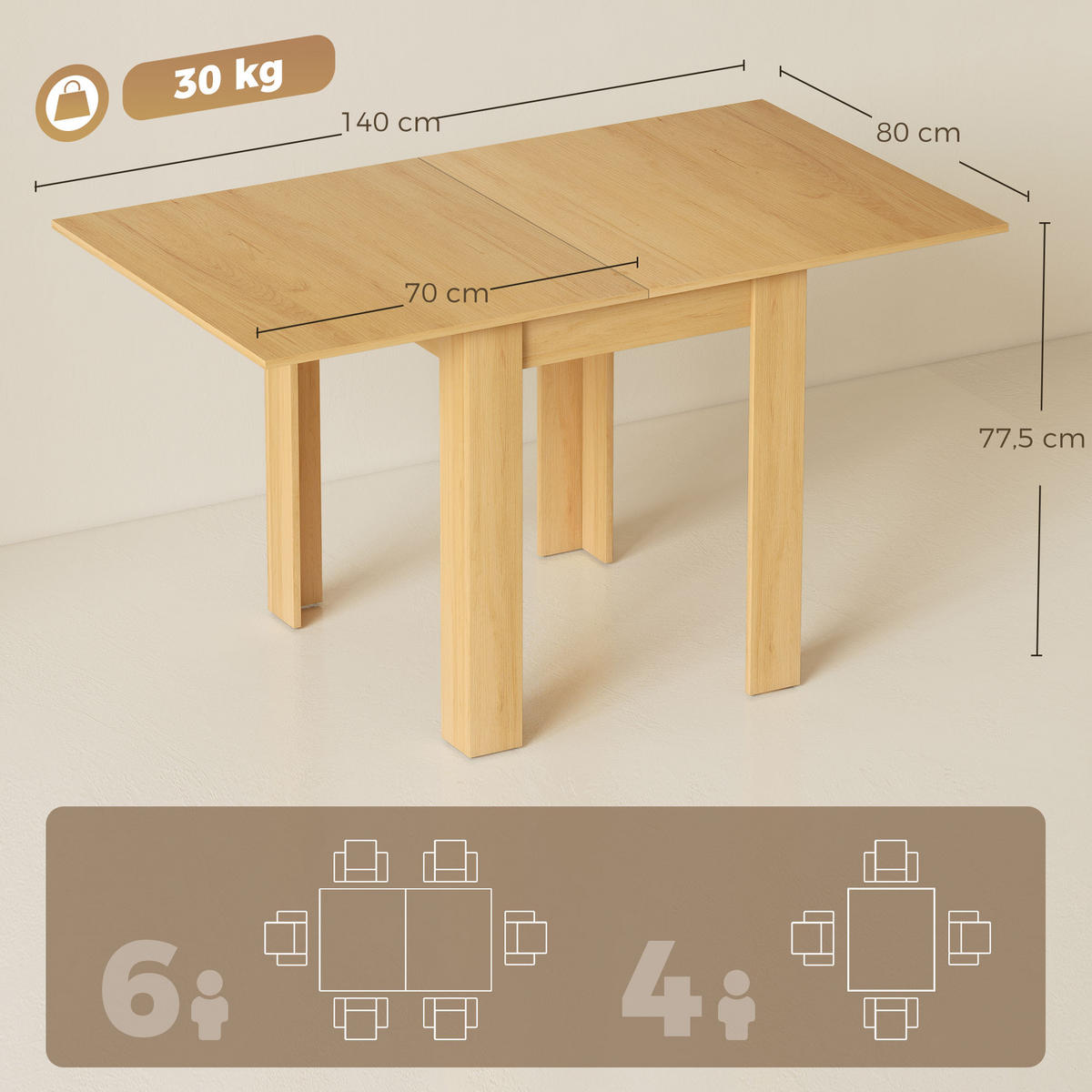 AUSZIEHBAR-ESSTISCH Spanplatte Stahl Naturholz - Naturfarben, Holzwerkstoff (140/80/77.5cm) - HOMCOM