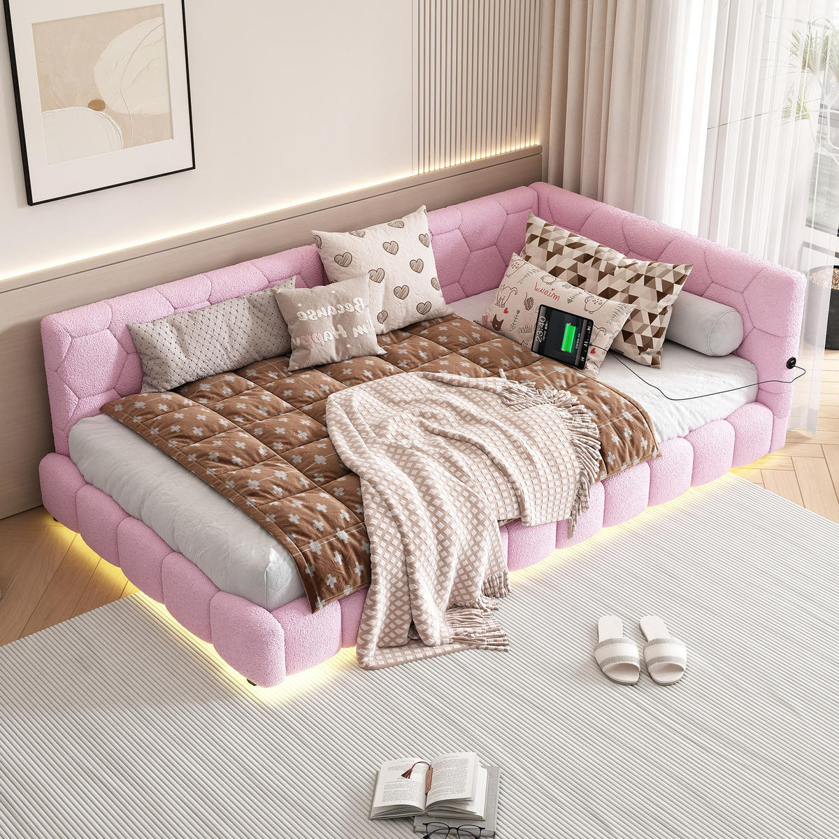 TAGESBETT 90/200 cm mit LED-Beleuchtung, USB- und Typ-C-Anschluss, Vliesimitat, Rosa - Rosa, Textil (90/200cm) - Redom
