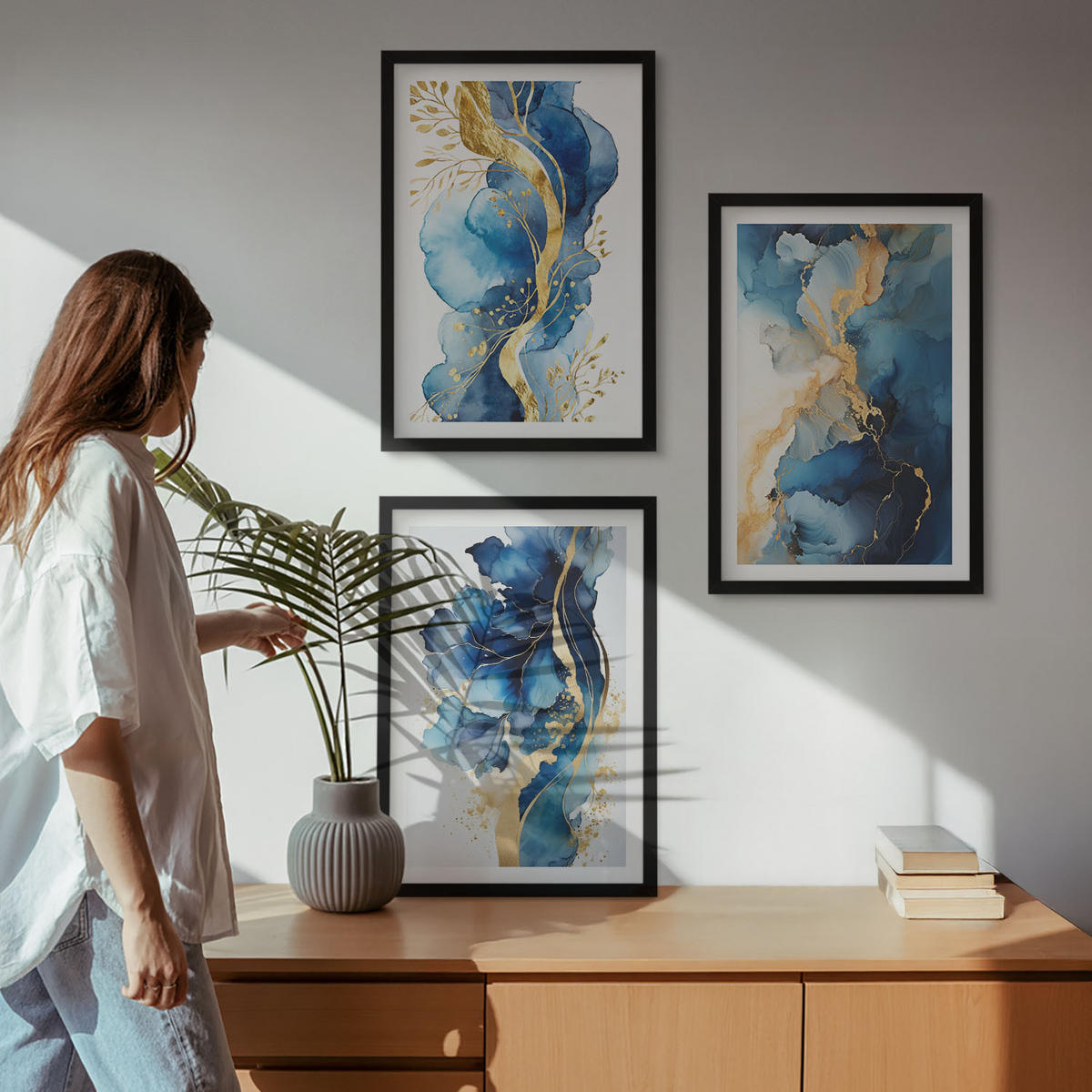 BILDER SET 3er Set - 40x60 cm Schwarzer Rahmen - Blaue abstrakte Muster - Schwarz, Kunststoff (40/60cm) - TULUP