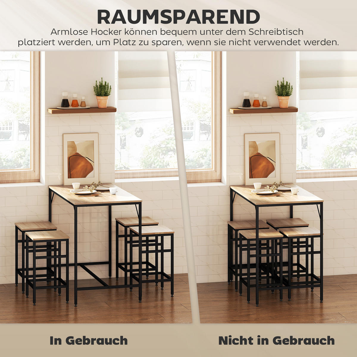BARTISCH-SET Stehtisch mit 4 Barhockern 5-teiliges Tischset Stahl Eiche - Eichefarben, Kunststoff (60/88/100cm) - HOMCOM