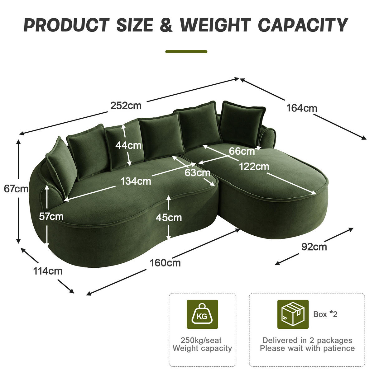 ECKSOFA 252/164/67 cm modular mit Chaiselongue 122 cm grün aus Chenille rahmenlos - Grün, Textil (164/252cm) - OKWISH