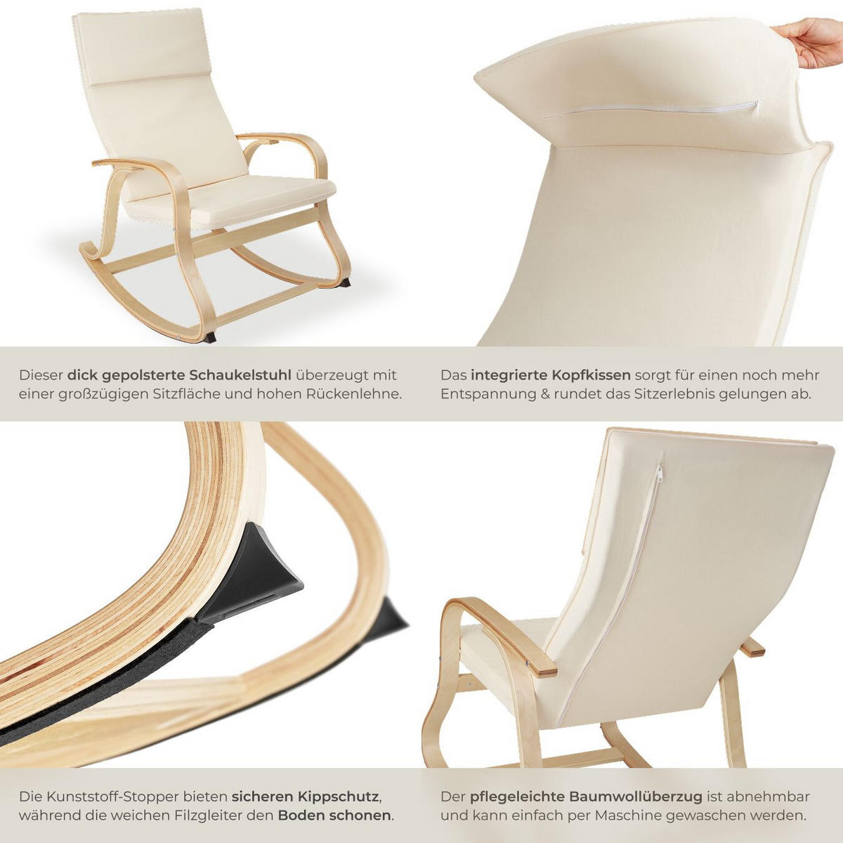 SCHAUKELSTUHL Roca,65 x 94 x 100 cm,beige - Beige, Holz (65/100/94cm) - tectake